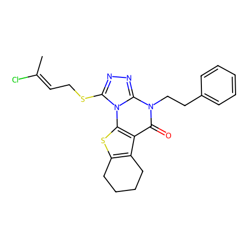 (E)-1-((3-chlorobut-2-en-1-yl)thio)-4-phenethyl-6,7,8,9-tetrahydrobenzo[4,5]thieno[3,2-e][1,2,4]triazolo[4,3-a]pyrimidin-5(4H)-one structure
