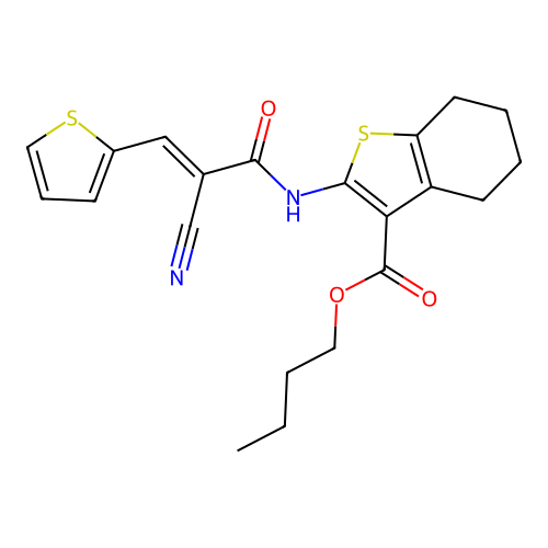 (E)-butyl 2-(2-cyano-3-(thiophen-2-yl)acrylamido)-4,5,6,7-tetrahydrobenzo[b]thiophene-3-carboxylate structure