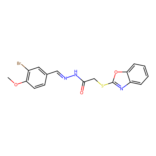 (E)-2-(benzo[d]oxazol-2-ylthio)-N'-(3-bromo-4-methoxybenzylidene)acetohydrazide structure