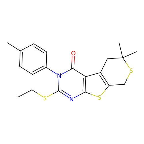 2-(ethylsulfanyl)-6,6-dimethyl-3-(4-methylphenyl)-3,5,6,8-tetrahydro-4H-thiopyrano[4',3':4,5]thieno[2,3-d]pyrimidin-4-one structure