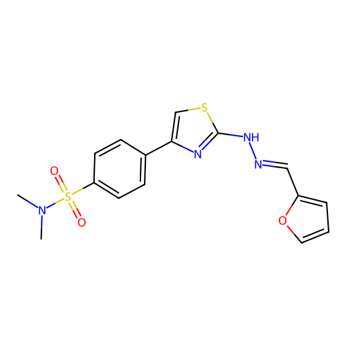 4-{(2E)-2-[(2E)-(furan-2-ylmethylidene)hydrazinylidene]-2,3-dihydro-1,3-thiazol-4-yl}-N,N-dimethylbenzenesulfonamide structure