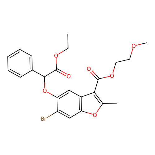 2-methoxyethyl 6-bromo-5-(2-ethoxy-2-oxo-1-phenylethoxy)-2-methyl-1-benzofuran-3-carboxylate structure