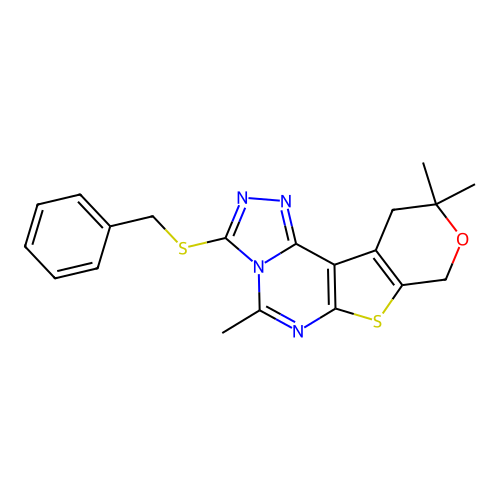 3-(benzylsulfanyl)-5,10,10-trimethyl-10,11-dihydro-8H-pyrano[4',3':4,5]thieno[3,2-e][1,2,4]triazolo[4,3-c]pyrimidine structure