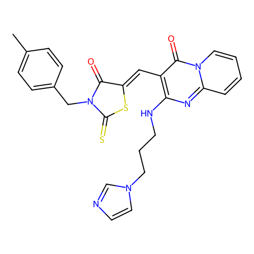 2-{[3-(1H-imidazol-1-yl)propyl]amino}-3-{(Z)-[3-(4-methylbenzyl)-4-oxo-2-thioxo-1,3-thiazolidin-5-ylidene]methyl}-4H-pyrido[1,2-a]pyrimidin-4-one structure