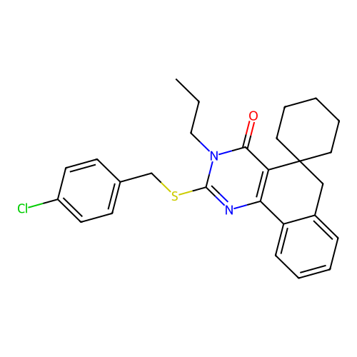 2-((4-chlorobenzyl)thio)-3-propyl-3H-spiro[benzo[h]quinazoline-5,1'-cyclohexan]-4(6H)-one structure