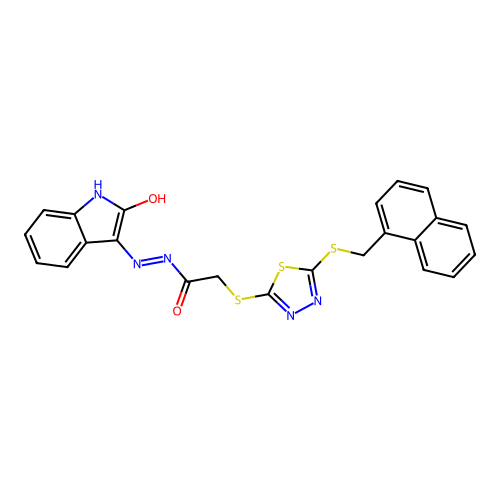 (Z)-2-((5-((naphthalen-1-ylmethyl)thio)-1,3,4-thiadiazol-2-yl)thio)-N'-(2-oxoindolin-3-ylidene)acetohydrazide structure