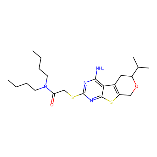 2-((4-amino-6-isopropyl-6,8-dihydro-5H-pyrano[4',3':4,5]thieno[2,3-d]pyrimidin-2-yl)thio)-N,N-dibutylacetamide structure