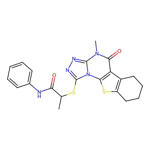 2-((4-methyl-5-oxo-4,5,6,7,8,9-hexahydrobenzo[4,5]thieno[3,2-e][1,2,4]triazolo[4,3-a]pyrimidin-1-yl)thio)-N-phenylpropanamide structure