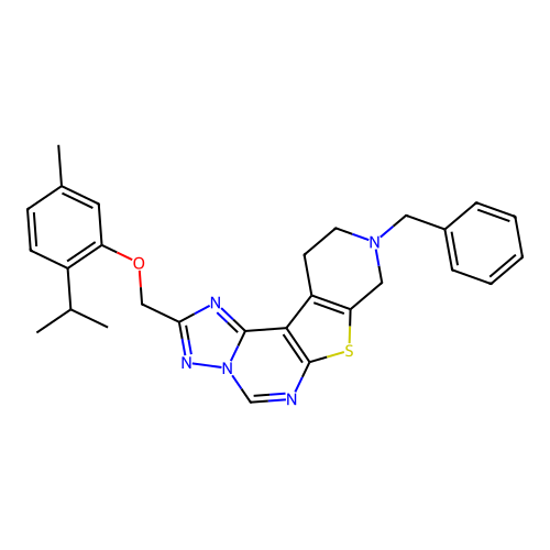 9-benzyl-2-((2-isopropyl-5-methylphenoxy)methyl)-8,9,10,11-tetrahydropyrido[4',3':4,5]thieno[3,2-e][1,2,4]triazolo[1,5-c]pyrimidine structure