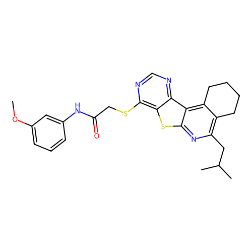 2-((5-isobutyl-1,2,3,4-tetrahydropyrimido[4',5':4,5]thieno[2,3-c]isoquinolin-8-yl)thio)-N-(3-methoxyphenyl)acetamide structure