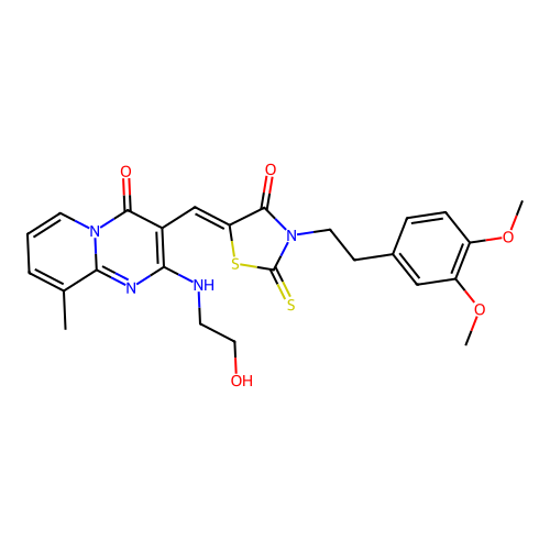 3-[(Z)-{3-[2-(3,4-dimethoxyphenyl)ethyl]-4-oxo-2-thioxo-1,3-thiazolidin-5-ylidene}methyl]-2-[(2-hydroxyethyl)amino]-9-methyl-4H-pyrido[1,2-a]pyrimidin-4-one structure
