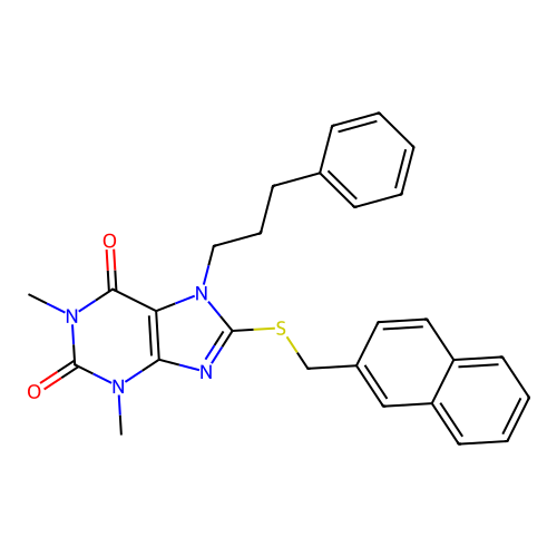 1,3-dimethyl-8-(naphthalen-2-ylmethylsulfanyl)-7-(3-phenylpropyl)purine-2,6-dione structure