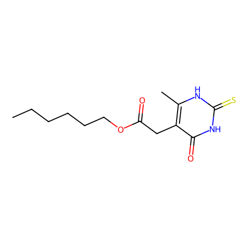 Hexyl (4-hydroxy-6-methyl-2-sulfanylpyrimidin-5-yl)acetate structure