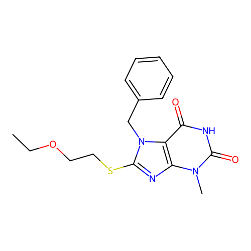 7-benzyl-8-[(2-ethoxyethyl)sulfanyl]-3-methyl-3,7-dihydro-1H-purine-2,6-dione structure