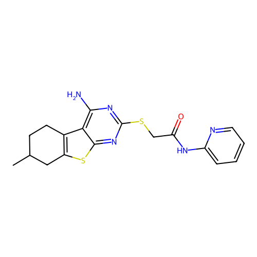 2-((4-amino-7-methyl-5,6,7,8-tetrahydrobenzo[4,5]thieno[2,3-d]pyrimidin-2-yl)thio)-N-(pyridin-2-yl)acetamide structure