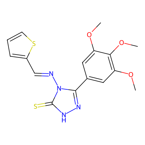 4-((1E)-2-(2-thienyl)-1-azavinyl)-5-(3,4,5-trimethoxyphenyl)-1,2,4-triazole-3- thiol structure