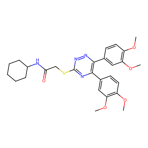 2-((5,6-bis(3,4-dimethoxyphenyl)-1,2,4-triazin-3-yl)thio)-N-cyclohexylacetamide structure