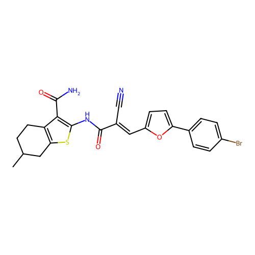 (E)-2-(3-(5-(4-bromophenyl)furan-2-yl)-2-cyanoacrylamido)-6-methyl-4,5,6,7-tetrahydrobenzo[b]thiophene-3-carboxamide structure
