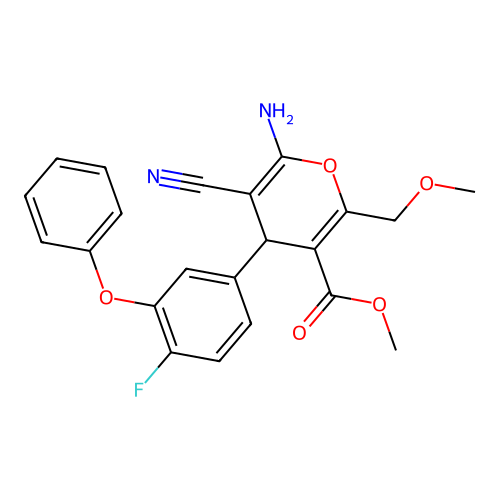 methyl 6-amino-5-cyano-4-(4-fluoro-3-phenoxyphenyl)-2-(methoxymethyl)-4H-pyran-3-carboxylate structure