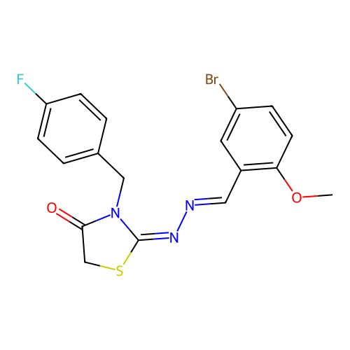 (E)-2-((E)-(5-bromo-2-methoxybenzylidene)hydrazono)-3-(4-fluorobenzyl)thiazolidin-4-one structure