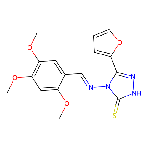 3-(furan-2-yl)-4-[(E)-(2,4,5-trimethoxyphenyl)methylideneamino]-1H-1,2,4-triazole-5-thione structure