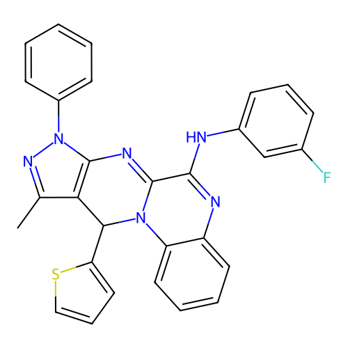 N-(3-fluorophenyl)-10-methyl-8-phenyl-11-(thiophen-2-yl)-8,11-dihydropyrazolo[3',4':4,5]pyrimido[1,2-a]quinoxalin-6-amine structure