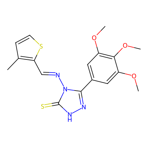 (E)-4-(((3-methylthiophen-2-yl)methylene)amino)-5-(3,4,5-trimethoxyphenyl)-4H-1,2,4-triazole-3-thiol structure