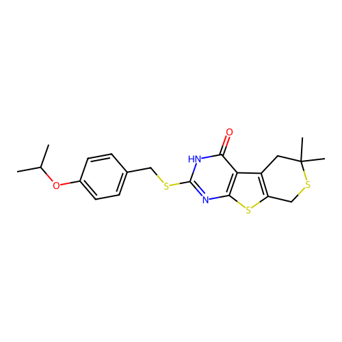 2-((4-isopropoxybenzyl)thio)-6,6-dimethyl-5,6-dihydro-3H-thiopyrano[4',3':4,5]thieno[2,3-d]pyrimidin-4(8H)-one structure