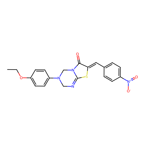 (7Z)-3-(4-ethoxyphenyl)-7-(4-nitrobenzylidene)-3,4-dihydro-2H-[1,3]thiazolo[3,2-a][1,3,5]triazin-6(7H)-one structure