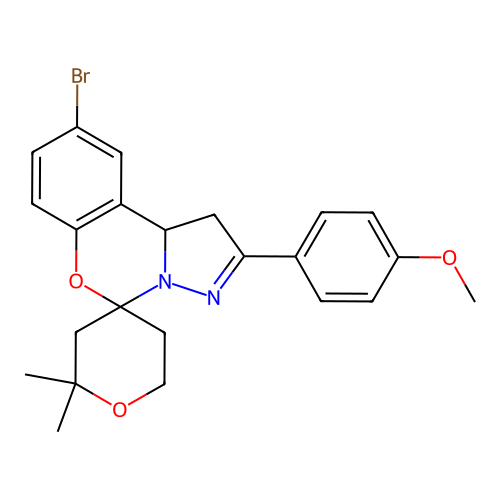 9'-bromo-2'-(4-methoxyphenyl)-2,2-dimethyl-1',2,3,5,6,10b'-hexahydrospiro[pyran-4,5'-pyrazolo[1,5-c][1,3]benzoxazine] structure