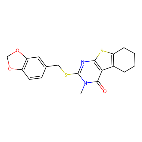 2-((benzo[d][1,3]dioxol-5-ylmethyl)thio)-3-methyl-5,6,7,8-tetrahydrobenzo[4,5]thieno[2,3-d]pyrimidin-4(3H)-one structure