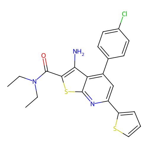 3-amino-4-(4-chlorophenyl)-N,N-diethyl-6-(thiophen-2-yl)thieno[2,3-b]pyridine-2-carboxamide structure