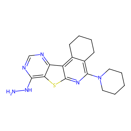 8-hydrazinyl-5-(piperidin-1-yl)-1,2,3,4-tetrahydropyrimido[4',5':4,5]thieno[2,3-c]isoquinoline structure
