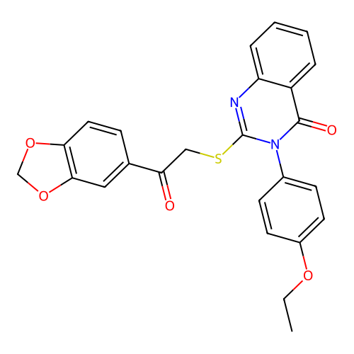 2-(2-benzo[1,3]dioxol-5-yl-2-oxo-ethyl)sulfanyl-3-(4-ethoxyphenyl)quinazolin-4-one structure