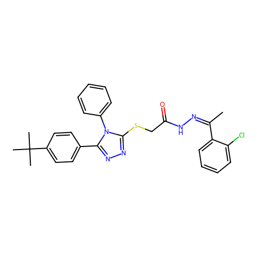 (Z)-2-((5-(4-(tert-butyl)phenyl)-4-phenyl-4H-1,2,4-triazol-3-yl)thio)-N'-(1-(2-chlorophenyl)ethylidene)acetohydrazide structure