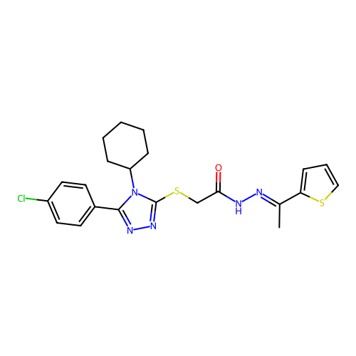 2-{[5-(4-chlorophenyl)-4-cyclohexyl-4H-1,2,4-triazol-3-yl]sulfanyl}-N'-[(1E)-1-(thiophen-2-yl)ethylidene]acetohydrazide structure