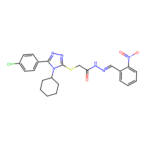 2-{[5-(4-chlorophenyl)-4-cyclohexyl-4H-1,2,4-triazol-3-yl]sulfanyl}-N'-[(E)-(2-nitrophenyl)methylidene]acetohydrazide structure