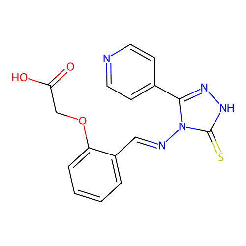 2-[2-[(E)-(3-pyridin-4-yl-5-sulfanylidene-1H-1,2,4-triazol-4-yl)iminomethyl]phenoxy]acetic acid structure