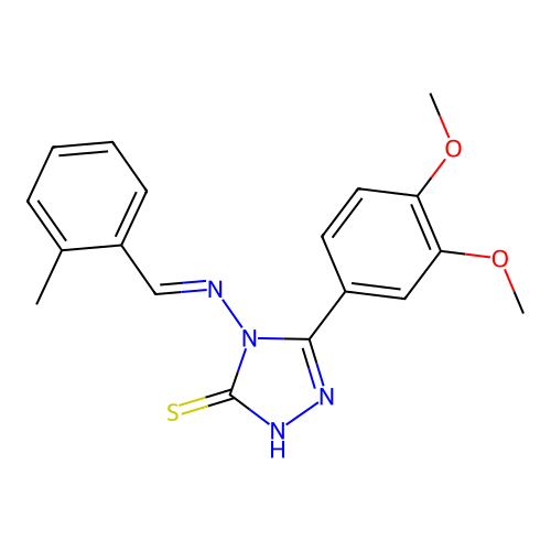 (E)-5-(3,4-dimethoxyphenyl)-4-((2-methylbenzylidene)amino)-4H-1,2,4-triazole-3-thiol structure