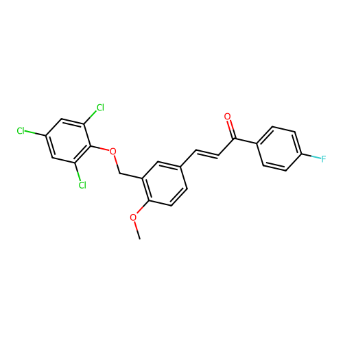 1-(4-fluorophenyl)-3-{4-methoxy-3-[(2,4,6-trichlorophenoxy)methyl]phenyl}-2-propen-1-one structure