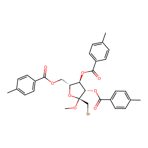 methyl 1-bromo-1-deoxy-3,4,6-tris-O-(4-methylbenzoyl)hex-2-ulofuranoside structure