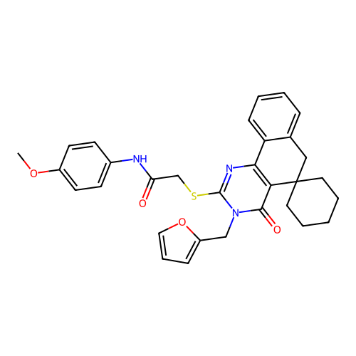 2-((3-(furan-2-ylmethyl)-4-oxo-4,6-dihydro-3H-spiro[benzo[h]quinazoline-5,1'-cyclohexan]-2-yl)thio)-N-(4-methoxyphenyl)acetamide structure