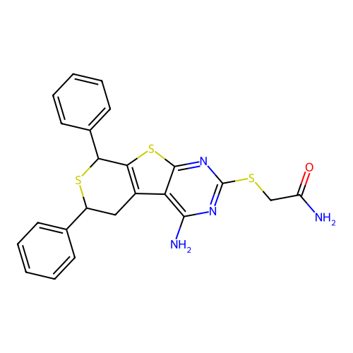 2-((4-amino-6,8-diphenyl-6,8-dihydro-5H-thiopyrano[4',3':4,5]thieno[2,3-d]pyrimidin-2-yl)thio)acetamide structure