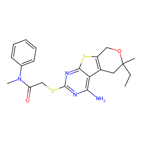 2-((4-amino-6-ethyl-6-methyl-6,8-dihydro-5H-pyrano[4',3':4,5]thieno[2,3-d]pyrimidin-2-yl)thio)-N-methyl-N-phenylacetamide structure