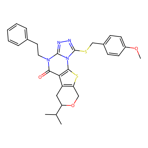 1-[(4-methoxybenzyl)sulfanyl]-4-(2-phenylethyl)-7-(propan-2-yl)-6,9-dihydro-7H-pyrano[4',3':4,5]thieno[3,2-e][1,2,4]triazolo[4,3-a]pyrimidin-5(4H)-one structure