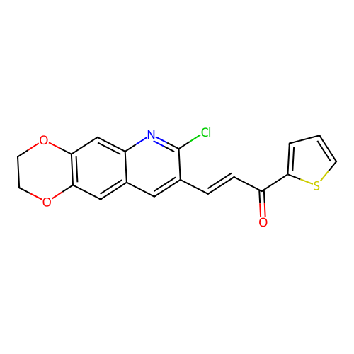 (E)-3-(7-chloro-2,3-dihydro-[1,4]dioxino[2,3-g]quinolin-8-yl)-1-(thiophen-2-yl)prop-2-en-1-one structure