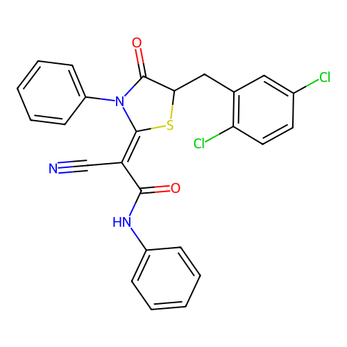 (Z)-2-cyano-2-(5-(2,5-dichlorobenzyl)-4-oxo-3-phenylthiazolidin-2-ylidene)-N-phenylacetamide structure