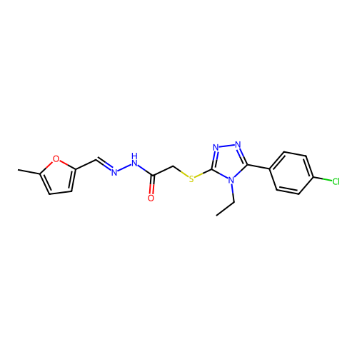 2-{[5-(4-chlorophenyl)-4-ethyl-4H-1,2,4-triazol-3-yl]sulfanyl}-N'-[(E)-(5-methylfuran-2-yl)methylidene]acetohydrazide structure