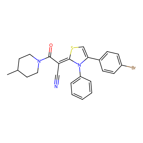 (Z)-2-(4-(4-bromophenyl)-3-phenylthiazol-2(3H)-ylidene)-3-(4-methylpiperidin-1-yl)-3-oxopropanenitrile structure