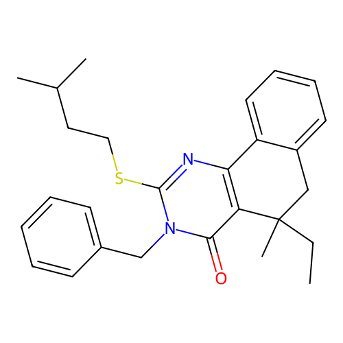 3-benzyl-5-ethyl-2-(isopentylthio)-5-methyl-5,6-dihydrobenzo[h]quinazolin-4(3H)-one structure